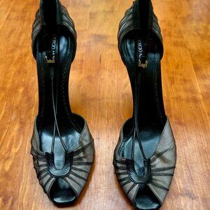 GIORGIO ARMANI | Mesh Pleated Accents T-Strap Peep Toe Heels Pumps